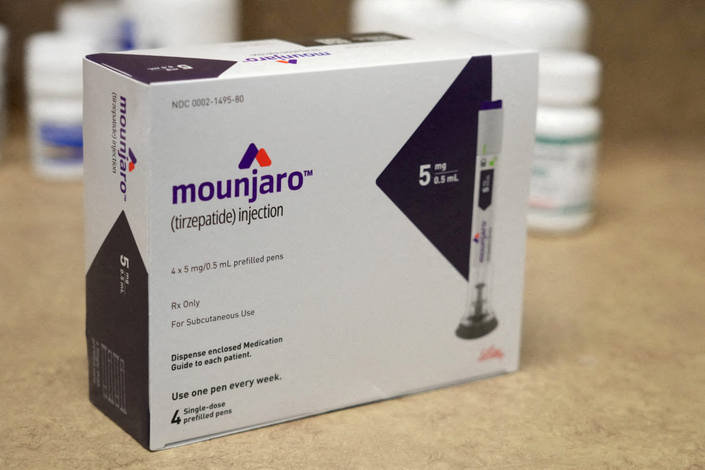 A box of Mounjaro, a tirzepatide injection drug used for treating type 2 diabetes made by Lilly is seen at Rock Canyon Pha...